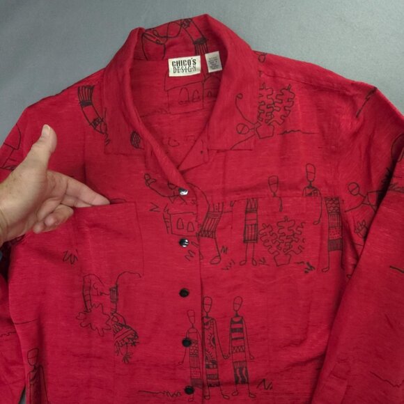 Chicos Design Shirt Womens 3 US XL Red Silk Linen Button Up Wearable Art African - Picture 4 of 11